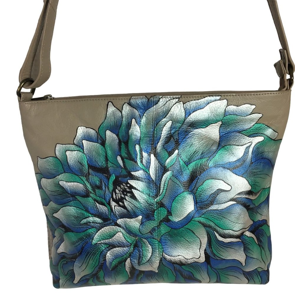 Anuschka Handpainted NEVER USED Leather Medium Cross Body Bag Peony Flower